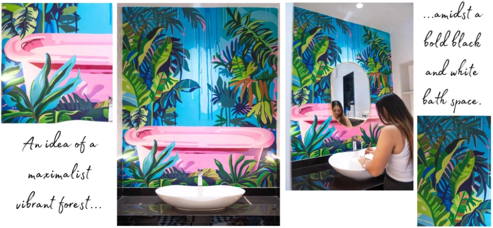 Maximalist jungle-themed bathroom wall mural with tropical foliage and vibrant colors.