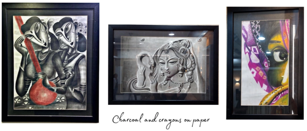 Figurative charcoal and crayon artwork on paper depicting expressive human forms and emotional storytelling.