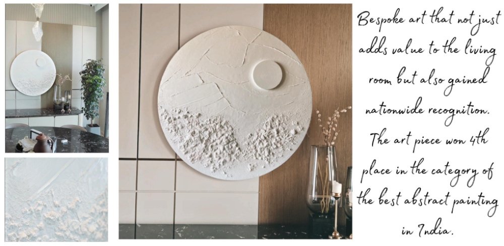 Abstract textured circular wall art on canvas created by a mural artist in India for a contemporary living space.